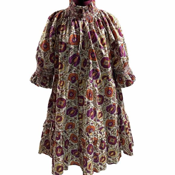 Figue Halima Sz L 100% Cotton Floral Smocked Neckline Tiered Lined Boho Dress - Picture 6 of 16